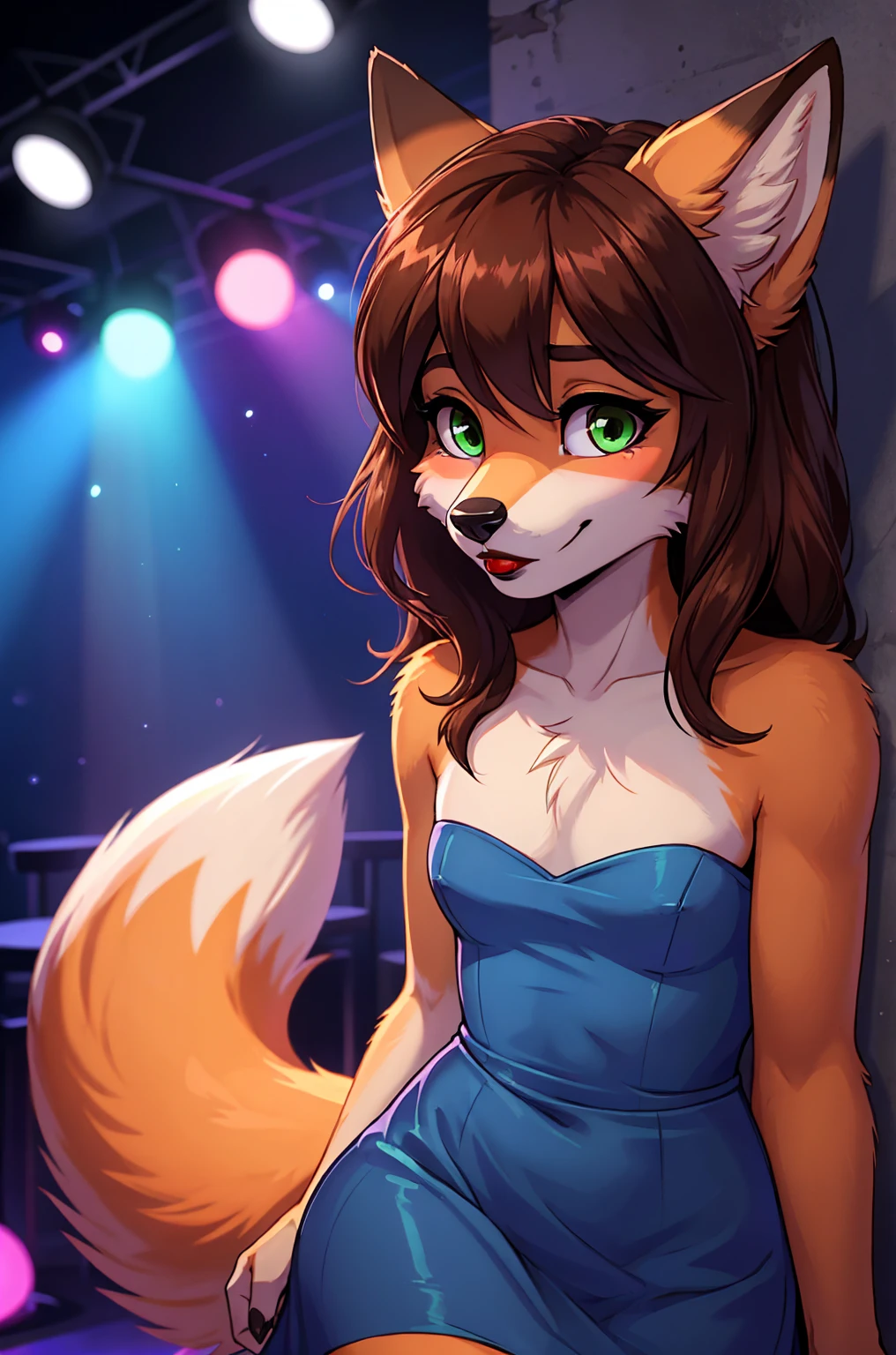 Best quality, furry male fox with green eyes, with brown long hair, with black spout, with red lipstick on lips, big lips, in a blue dress, crossdressing, shy, with a choker around his neck, off-the-shoulder dress, flirts, sexy pose, portrait, against the backdrop of an empty nightclub