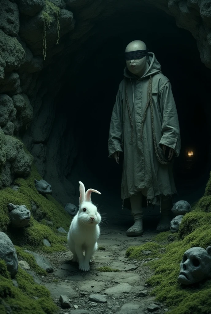  A dark and surreal scene in which a small white rabbit enters a cold cave ,  dark and diabolical .  The environment is intimidating ,  with stone walls covered by moss and moss Grotesques that seem to observe everything around. Behind the rabbit ,  an enigmatic looking person follows blindfolded by a black stripe .  The person wears simple clothes and walks carefully ,  as a cold and sinister glow emerges from the bottom of the cave ,  partially illuminating the environment and increasing the sense of mystery and tension ."




 A dark and surreal scene in which a small white rabbit enters a cold cave ,  dark and diabolical .  The environment is intimidating ,  with stone walls covered by moss and moss Grotesques that seem to observe everything around. Behind the rabbit ,  an enigmatic looking person follows blindfolded by a black stripe .  The person wears simple clothes and walks carefully ,  as a cold and sinister glow emerges from the bottom of the cave ,  partially illuminating the environment 

