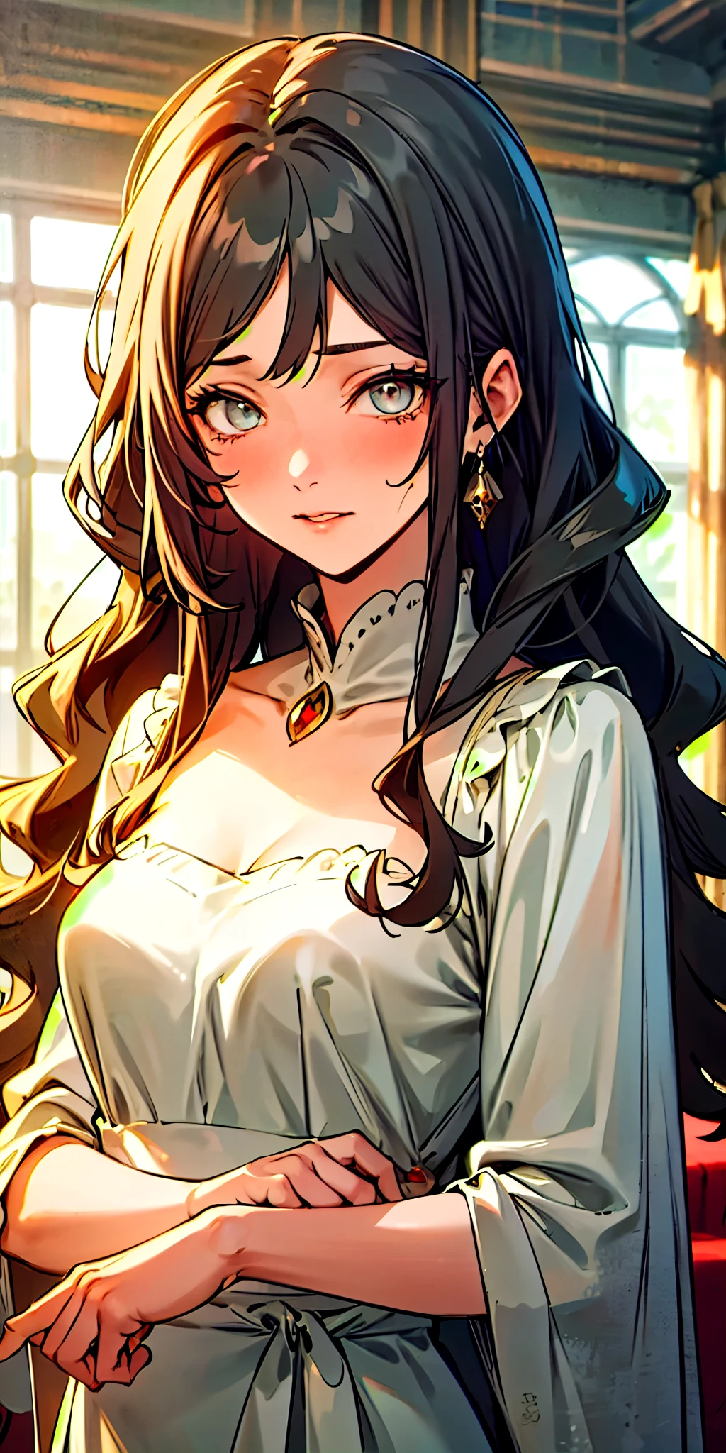 (masterpiece, best quality),1girl with long wavy dark green hair, she has side-swept bangs, her eyes are blood red, her skin is very fair like snow, she is wearing natural makeup, she is wearing a dress made of light fabrics in emerald green and grayish white, she is wearing gold accessories with blood red gemstones, anime, 2D, detailed eyes, detailed hair, She is in a royal living room, the room has elegant colors, she is a 23 year old girl, fairy beauty, goddess beauty, beautiful draw style