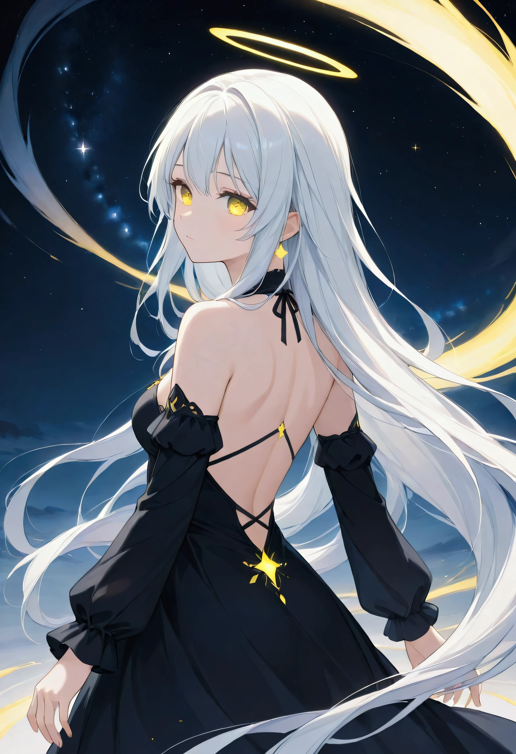 score_9, score_8_up, score_7_up, score_6_up, score_5_up, score_4_up, (black and white art: 1.5) mostly black and white, a picture of a beautiful woman, long hair, wearing dark blue dress, with yellow glowing stars on it, backless dress, small cleavage, it is night, the moon in the sky, picture taken from the rear (only colors are the dress and the eyes)