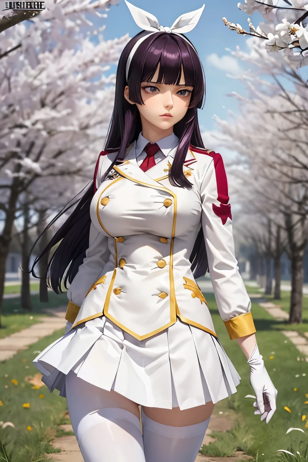 ((jambes grasses)), ((perfect eyes)), (gros seins), (finely detailed eyes and detailed face:1.3), (extremely fine and beautiful:1.1), (Perfect details:1.1), (Kagura Mikazuchi), Fairytail, long hair, bangs, ribbon, purple eyes, black hair, hair ribbon, purple hair, hair bow, hairband, white hairband, skirt, gloves, jacket, pantyhose, pleated skirt, white gloves, miniskirt, blunt bangs, uniform, (glossy black pantyhose), military, military uniform, buttons, frown, white jacket, white skirt, hime cut, view from below
