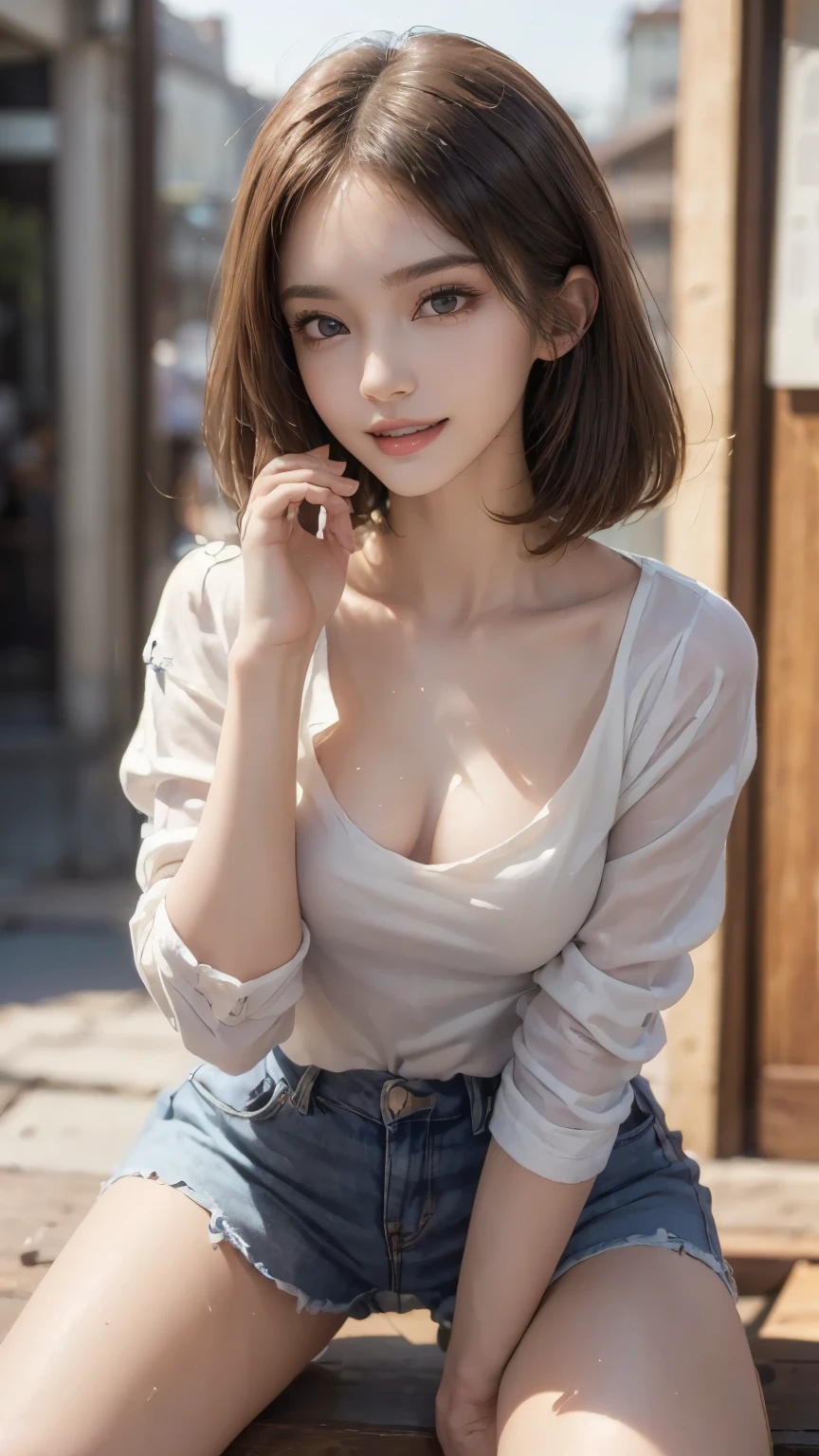(cry)、Cute Girl、Highly detailed face、Attention to detail、double eyelid、Beautiful thin nose、Sharp focus:1.2、beauty:1.4、(short hair)、Pure white skin、Highest quality、masterpiece、Ultra-high resolution、(Realistic:1.4)、Highly detailed and professional lighting、blush、(((squat)))、Slightly shiny skin、Small breasts、Pleated skirt