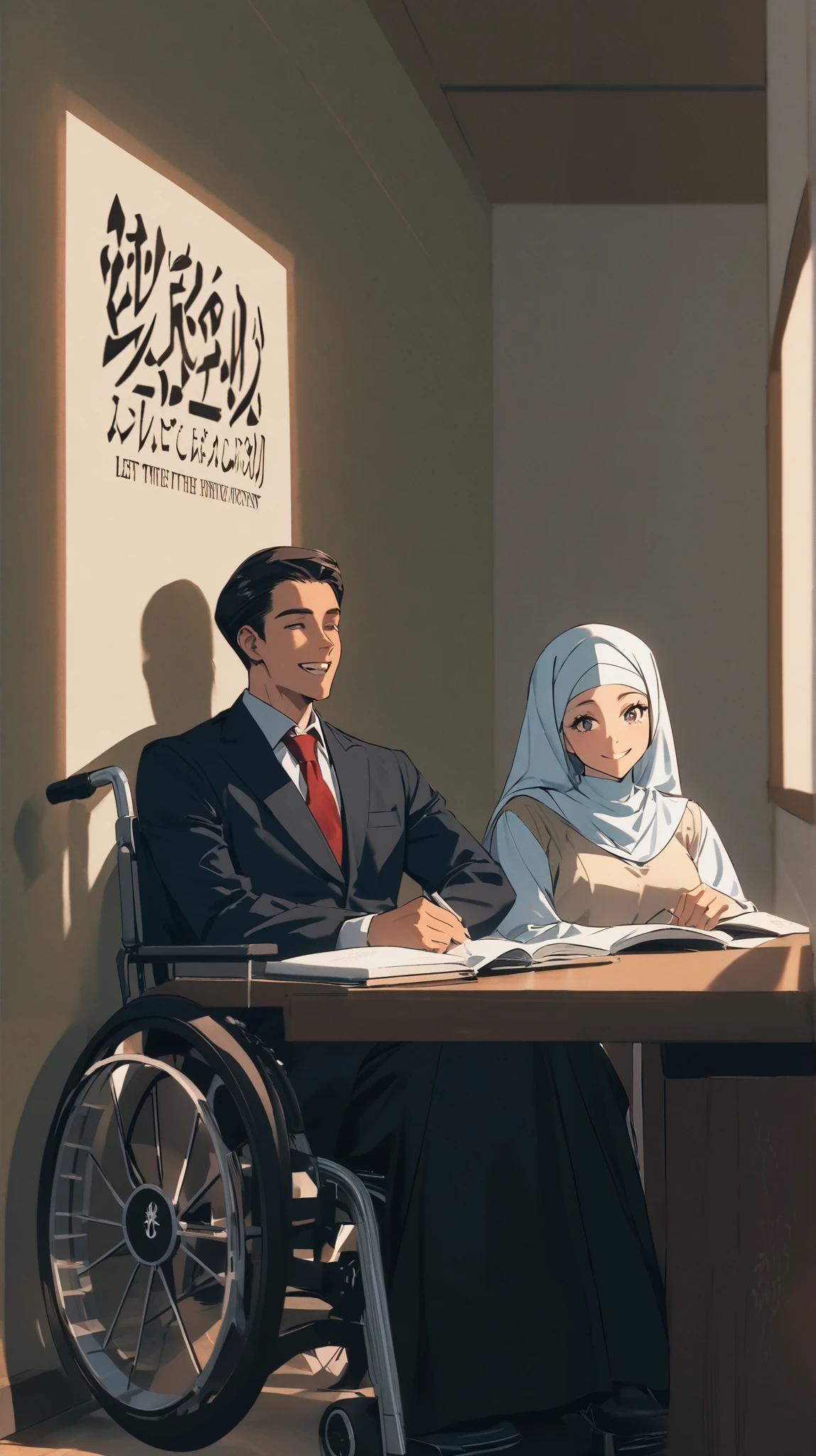  I draw a law and law student with special needs sitting in an electric wheelchair wearing a formal suit and carrying books with only a little long hair inclined to the right side. He is sitting studying in the lecture hall with a female colleague wearing a hijab and wearing an Arabic-Islamic dress that helps him study near him and smile with him ,  added to it. Let the drawing be based on a new and sharp design. On the hall wall, I write  (Faculty of Law ), with the law symbol .