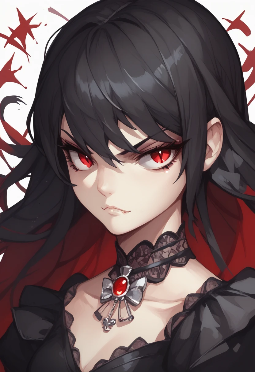 Anime vampire, quiet and emotionless, cute and manipulative, serious face, red eyes, long black gothic hair, petite body