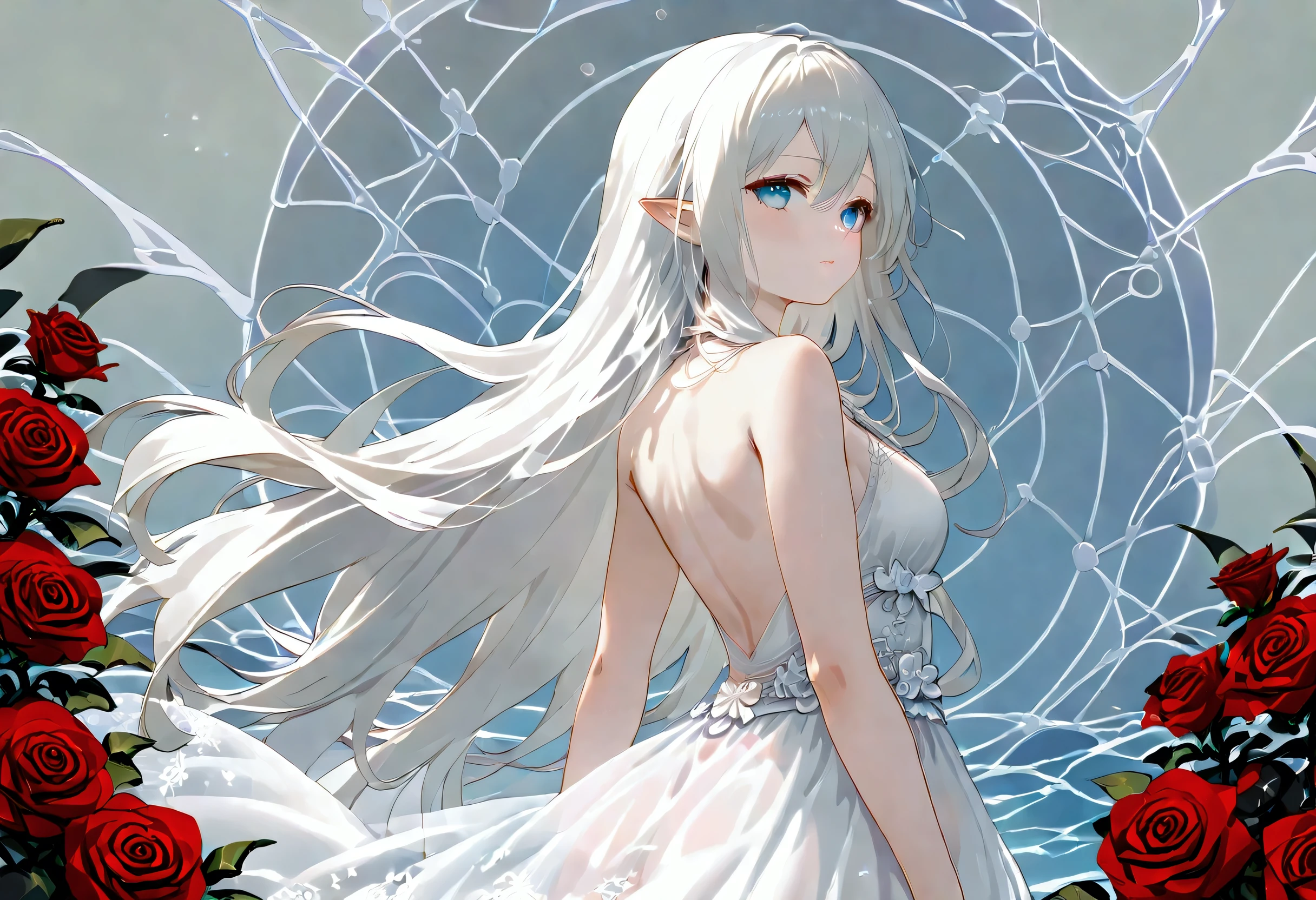 score_9, score_8_up, score_7_up, score_6_up, score_5_up, score_4_up, (black and white art: 1.5) mostly black and white, a picture of a beautiful vampire, long hair hair, blue eyes, wearing white silk dress with (red roses on the dress: 1.3),  backless dress, small cleavage, it is night, the moon in the sky, picture taken from the rear, (only colors are the red roses), Cinematic Shot