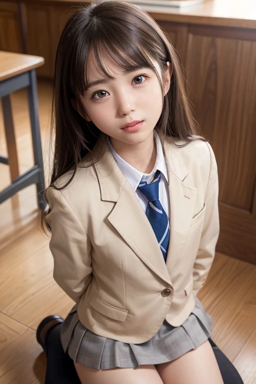   high quality images, masterpiece,  one girl、  detailed hair texture ,  detailed skin texture showing the cathedral, 8k,  add fabric details ,  super detailed skin texture ,  is ,  skin pores,  full body shot, ((Female junior high school uniform、 blazer、 miniskirt))、((( 、 flat body、 flat chest)))、(classroom)、Baby Face、 cute faces of high school students 、kneel、 look up at viewers 