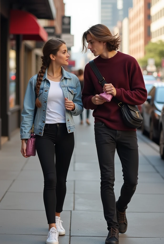 Generate an ultra realistic shot of one 25 years old french girl and one 30 years old german boy, both have drinking paper cup coffee in their hands and walking in crowded street in paris, professional photography, cinematic shot