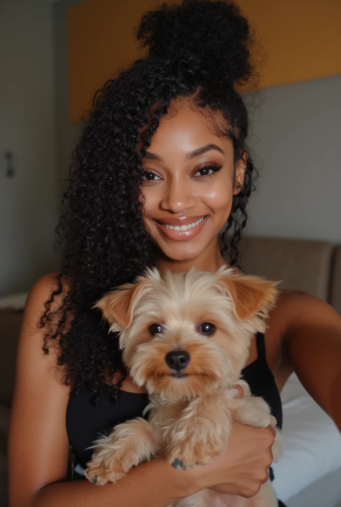 a picture of a slim thic pretty black girl from Atlanta black baddie girl with a video aesthetic with a nice define chiseled jawline with almond slanted shape eyes and she is taking a  selfie at home with her Yorkshire terrier dog