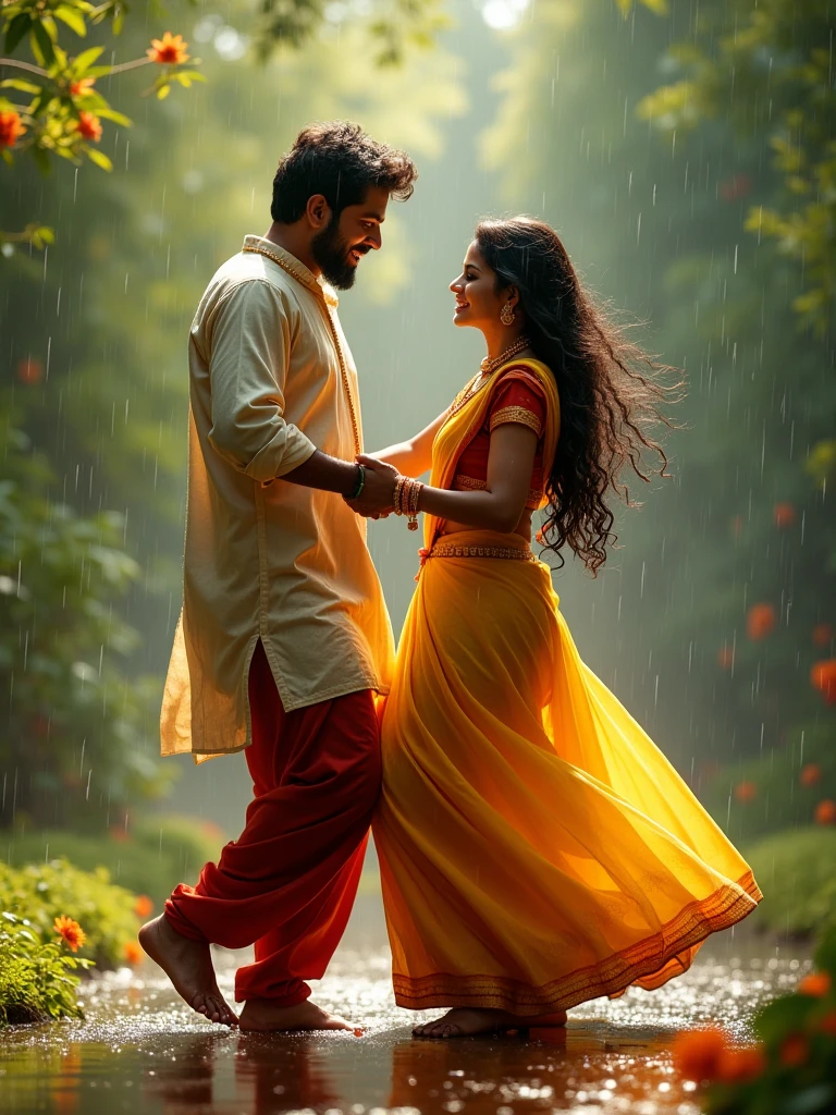 Telangana village man of age 20 dance with telangana girl of age 18 in fields not touching 1 meters distance between them little rain sun is setting