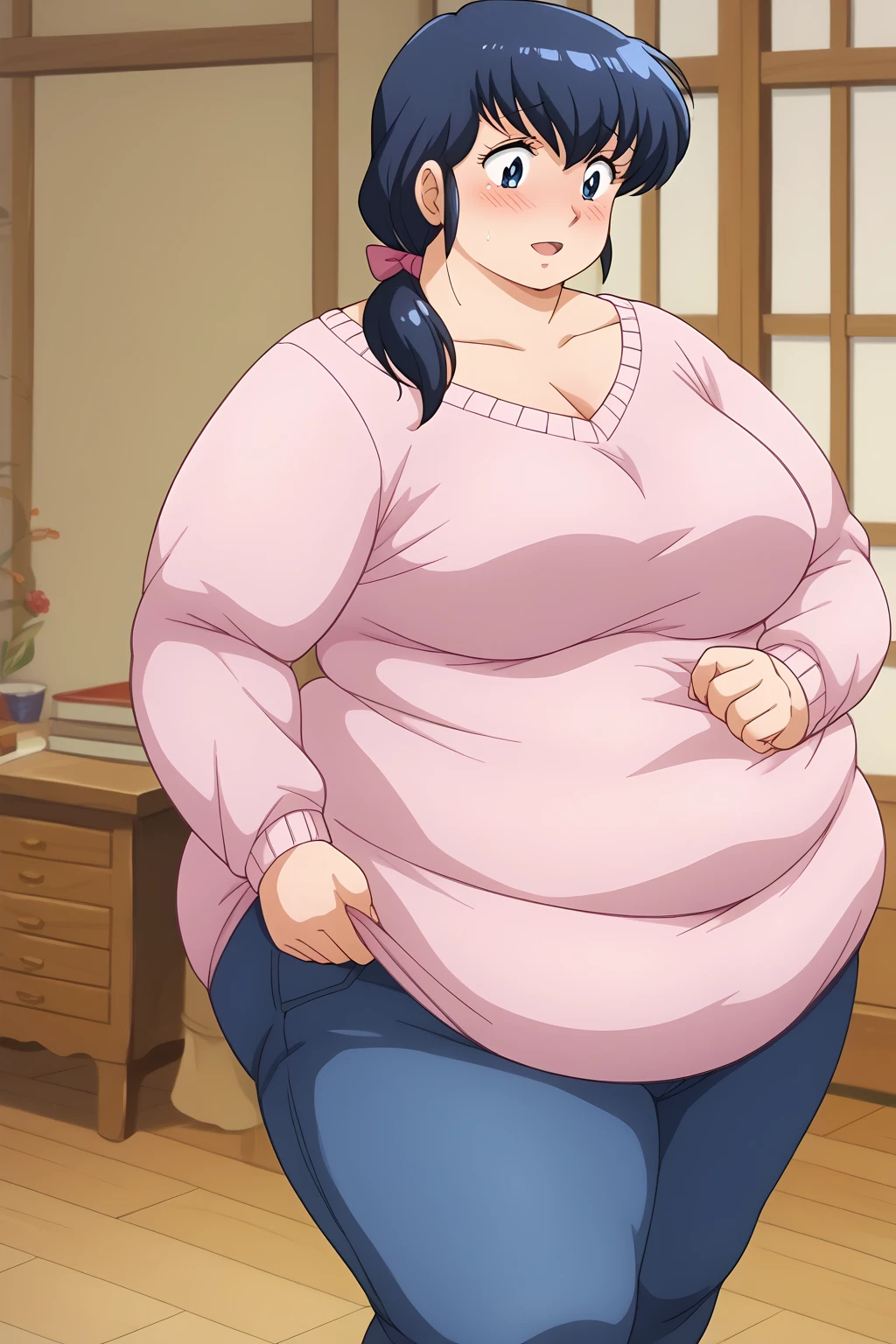 Otonashi Kyoko, Kyoko Otonashi,  long hair, 紺色の髪,low ponytail, pink barrette ribbon, Dark blue eyes,  pink sweater, Blue jeans,  white Y shirt, living room,milf,,blush,  troubled expression, embarrassed expression,  score_9, score_8_ up、 score_7_ up、 score_6_ up、 score_5_ up、 score_4_ up、 Masterpiece 、 top quality 、 very aesthetic、 absurd, source ,  anime screencap, one woman、Alone、 personal , Curvy、chubby, chubby, Severe obesity、