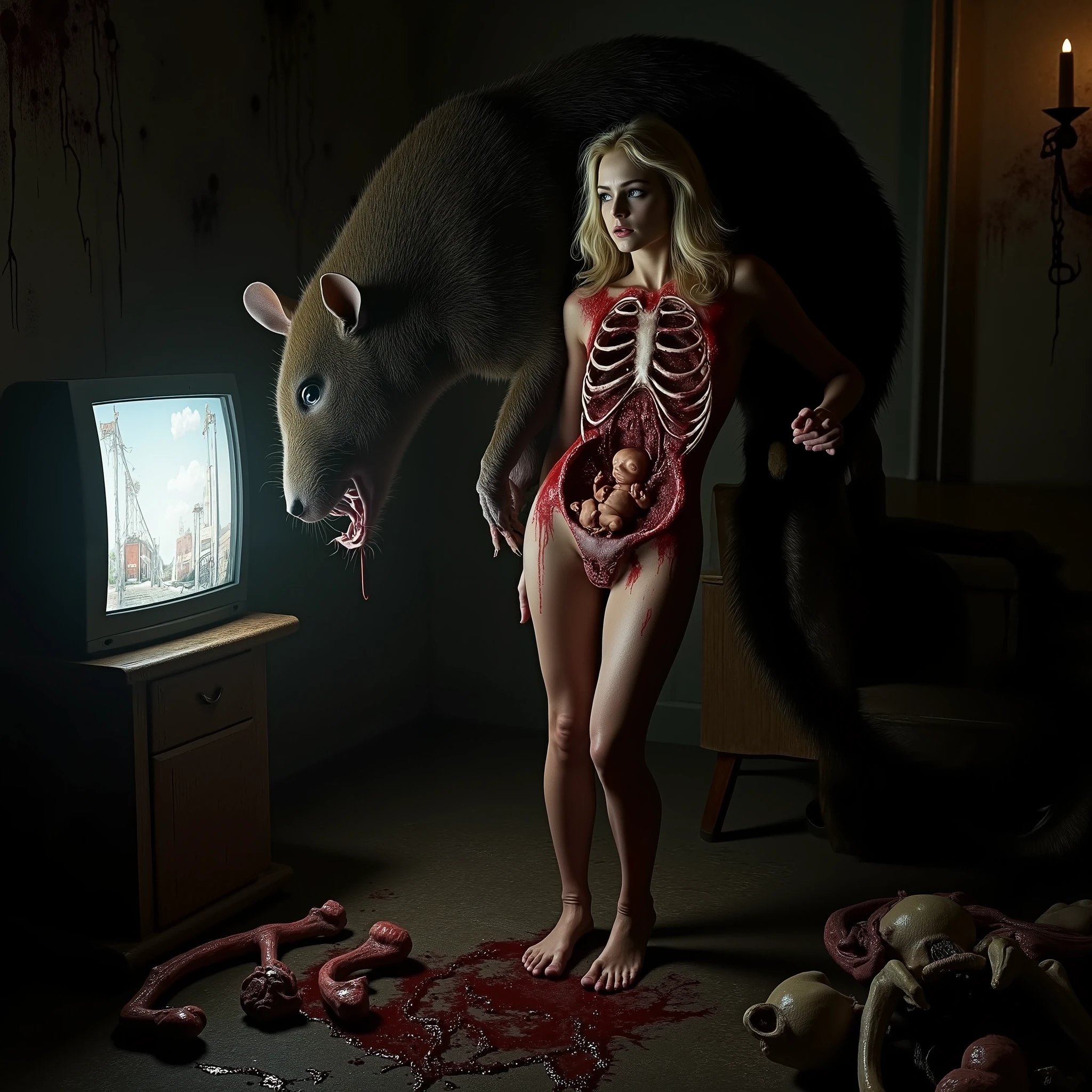 "(the best lighting,  high contrast , dark, dramatic),( Blonde girl next to a giant rat, Open the rib cage, fetus, autopsy, human bones, blood on the walls), tv on . Light Caravaggio"