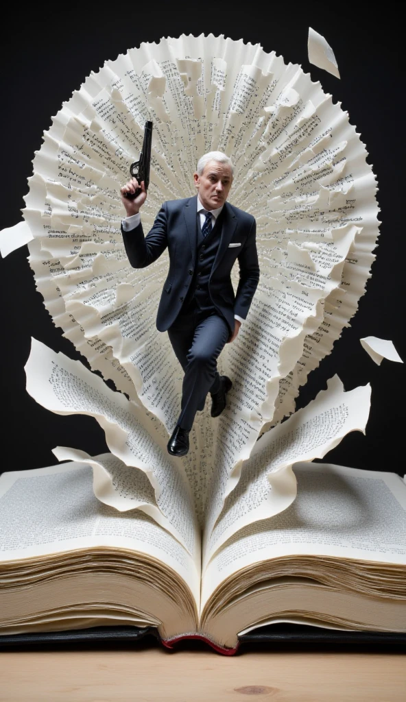 (best quality, 128k,highres,masterpiece:1.2),ultra-detailed,(realistic,photorealistic,photo-realistic:1.37), ((masterpiece)) ((photography)) ((Highest quality))  A hyper-realistic sculpture of a man in a suit, entirely crafted from folded and shaped pages of a book, dynamically jumping out of an open book. The figure holds a weapon and strikes a pose reminiscent of James Bond, exuding a sense of action and determination. Torn and flowing pages emphasize the motion, creating a dramatic and surreal atmosphere. The sculpture features intricate details of the book's text and typography, seamlessly blending literature with art, while maintaining a striking and sophisticated aesthetic.