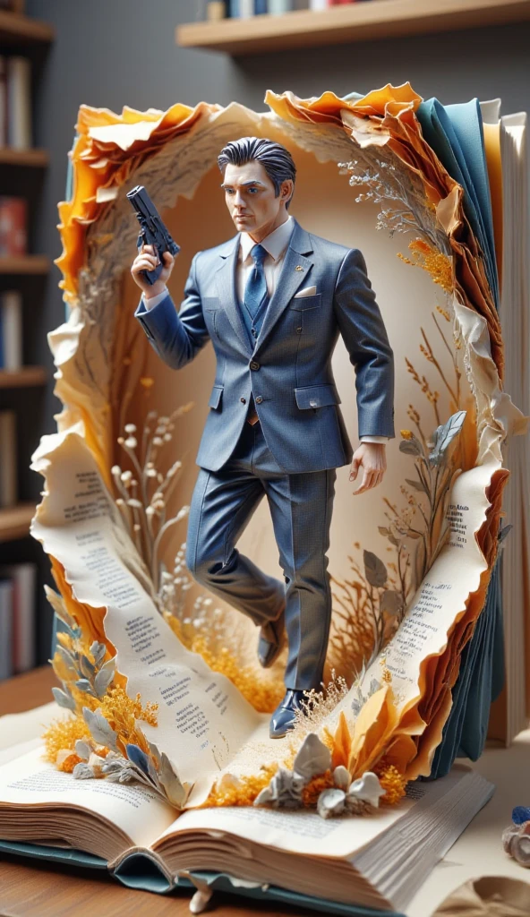 (best quality, 128k,highres,masterpiece:1.2),ultra-detailed,(realistic,photorealistic,photo-realistic:1.37), ((masterpiece)) ((photography)) ((Highest quality))  A hyper-realistic sculpture of ((a man in a suit, entirely crafted from folded and shaped pages of a book)), dynamically jumping out of an open book. The figure holds a weapon and strikes a pose reminiscent of James Bond, exuding a sense of action and determination. Torn and flowing pages emphasize the motion, creating a dramatic and surreal atmosphere. The sculpture features intricate details of the book's text and typography, seamlessly blending literature with art, while maintaining a striking and sophisticated aesthetic.