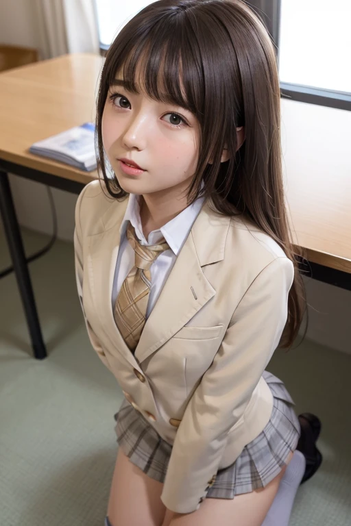   high quality images, masterpiece,  one girl、  detailed hair texture ,  detailed skin texture showing the cathedral, 8k,  add fabric details ,  super detailed skin texture ,  is ,  skin pores,  full body shot, ((Female junior high school uniform、 blazer、 miniskirt))、((( 、 flat body、 flat chest)))、(classroom)、Baby Face、 cute faces of high school students 、kneel、 look up at viewers 、( fellatio、 fellatio)