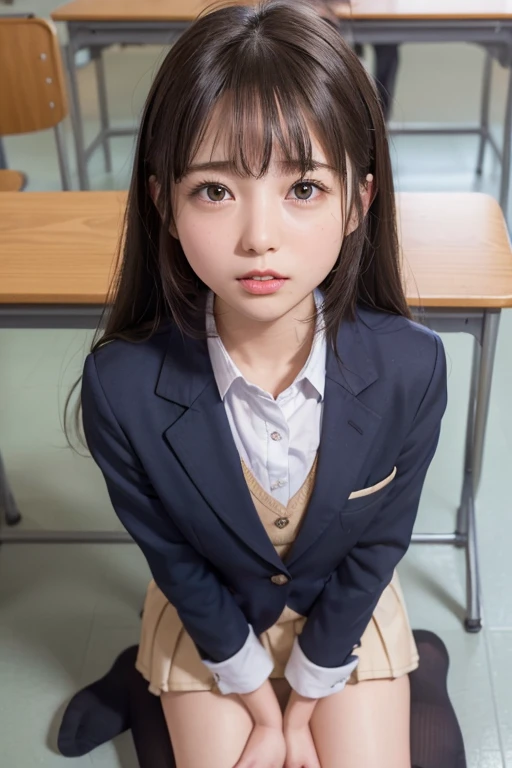   high quality images, masterpiece,  one girl、  detailed hair texture ,  detailed skin texture showing the cathedral, 8k,  add fabric details ,  super detailed skin texture ,  is ,  skin pores,  full body shot, ((Female junior high school uniform、 blazer、 miniskirt))、((( 、 flat body、 flat chest)))、(classroom)、*********、 cute faces of high school students 、kneel、 look up at viewers 、( fellatio、 fellatio)