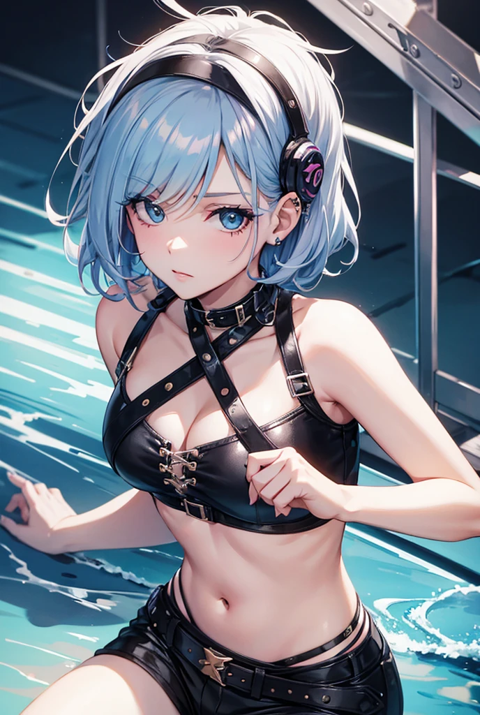 最high quality、Best image quality、masterpiece、With a girl((cute、20-year-old、Best Bust、Medium Bust、Bust 85,Beautiful Blue Eyes、Spread your chest wide,Short silver hair、Slender、The best valley、、Blue Bikini、,Show the whole body、Black perforated gloves,Blue Mesh,Tired face、Leaning forward greatly、Blue Sports Sunglasses、Blue Intercom,Sweating profusely、Ride a machine bike)）high quality、Beautiful art、background((Black Studio、Red lighting、blue laser light、Gym)),Tabletop、Exquisite design、Visual Arts、Depth of written boundary、Best lighting、Highest detail、8ｋ