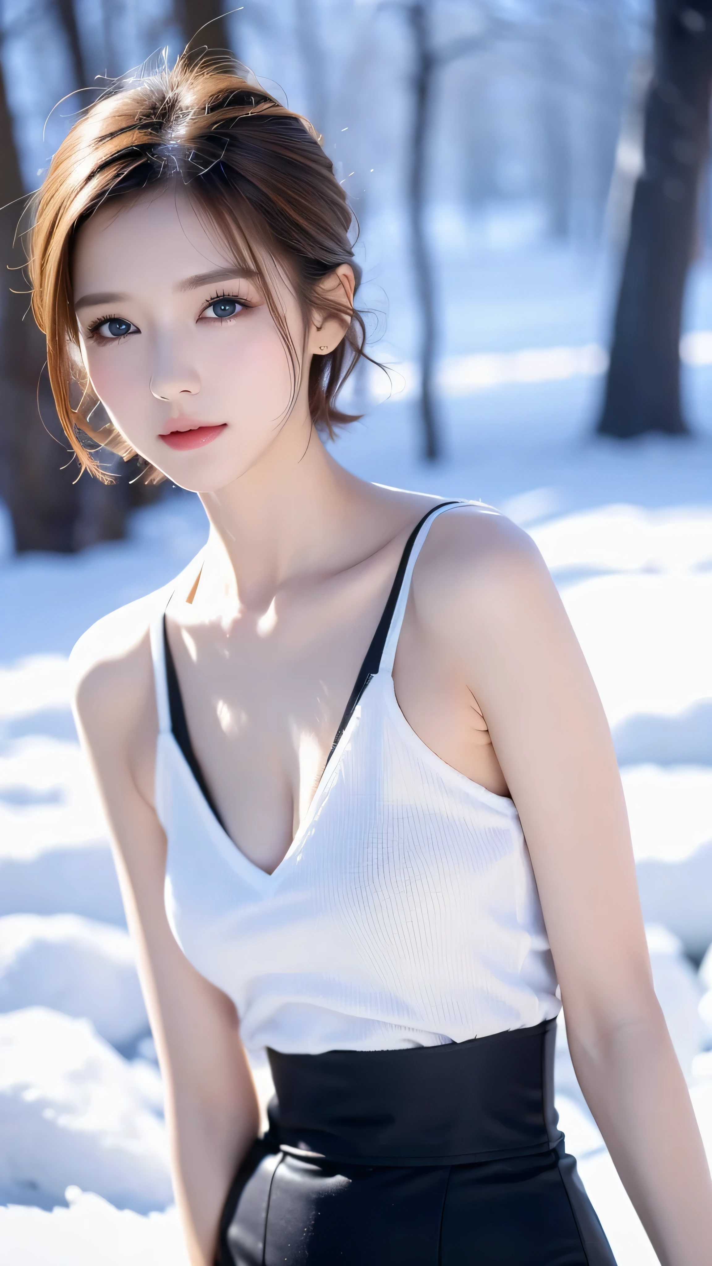  top quality , masterpiece, 4K,  1 girl,  suspenders only, Ice and snow world,  face details, I waved., Alone,  skinny,  short hair,  looking at camera，ネイキッドoutcrop。outcrop， super sexy ，V-neck， super real ，Full body high definition image。