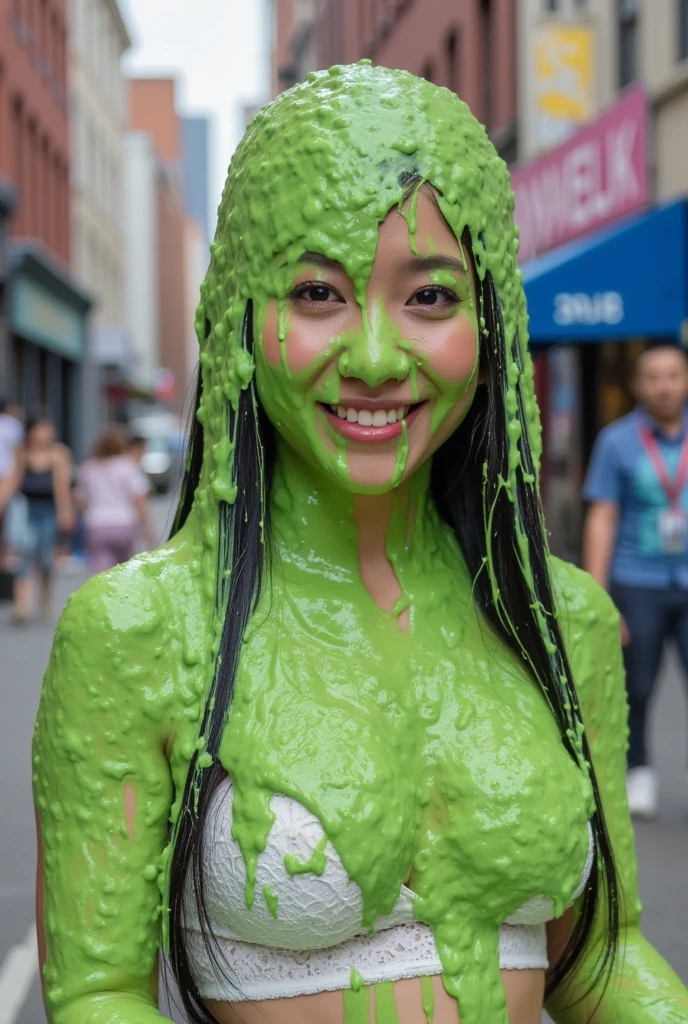 DSLR photograph. Beautiful Korean girl covered in green water. 18 year old. Korean girl. Photorealistic. Nasty slime. Raw photo. New York City. Green Slime. Wearing white lace push-up bra. Black hair. (Asian: 1.1). Beautiful Asian face. Black eyeliner. Long eyelashes.