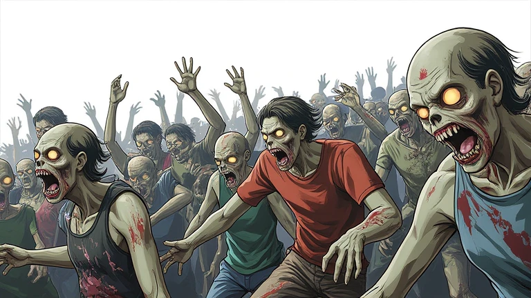 anime style, a horde of zombies, ((side view)), white background