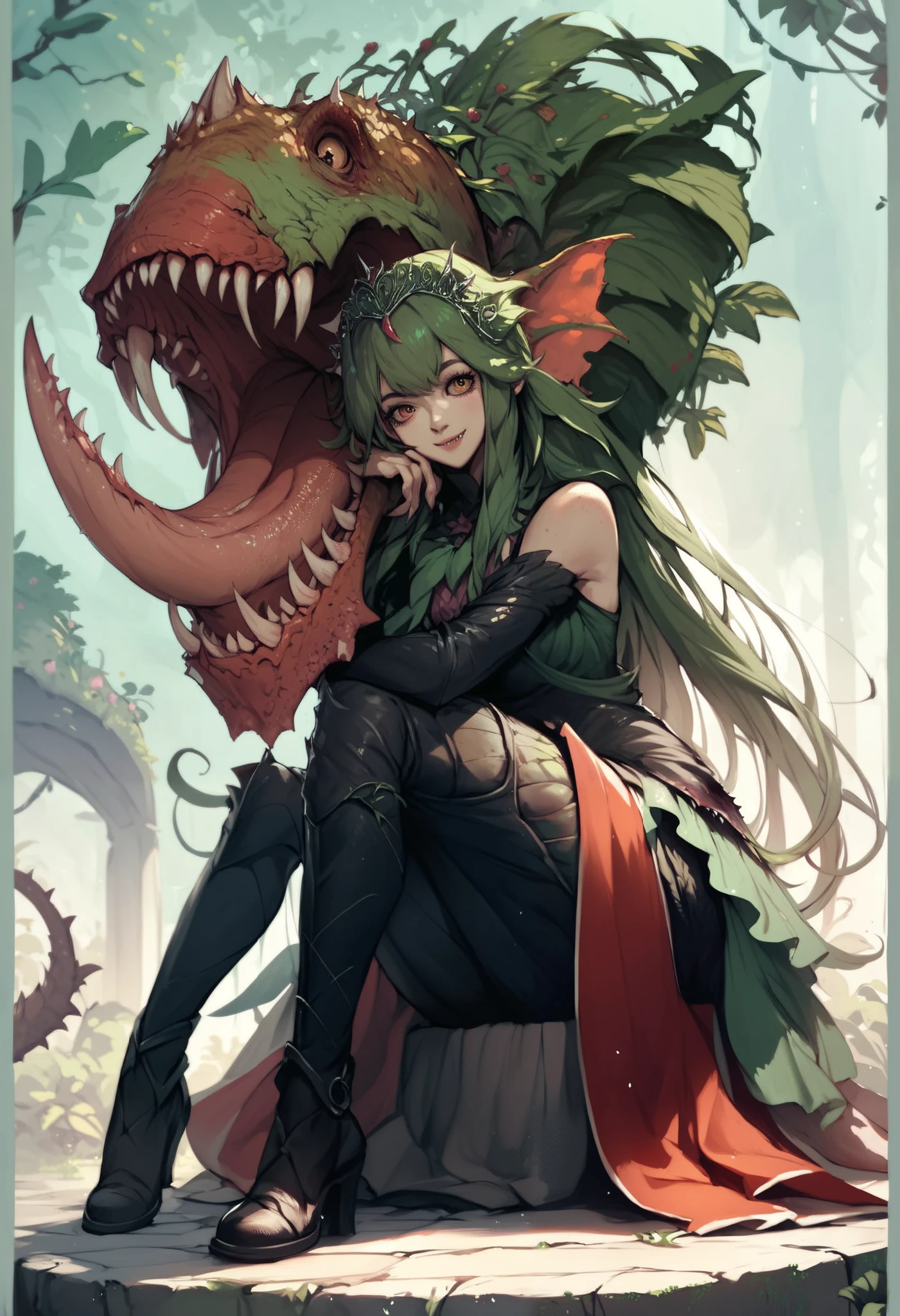 Alraune. Carnivorous plant elements. Tiara. Green hair. Ivy.Smiling. Bangs. Sharp eyes. Long boots. girl with plant elements. Dress. Green hair. Tiara. Sitting. Hugging.