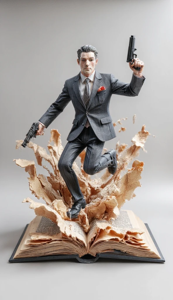 (best quality, 128k,highres,masterpiece:1.2),ultra-detailed,(realistic,photorealistic,photo-realistic:1.37), ((masterpiece)) ((photography)) ((Highest quality))  A hyper-realistic sculpture of ((a man in a suit, entirely crafted from folded and shaped pages of a book)), dynamically jumping out of an open book. The figure holds a weapon and strikes a pose reminiscent of James Bond, exuding a sense of action and determination. Torn and flowing pages emphasize the motion, creating a dramatic and surreal atmosphere. The sculpture features intricate details of the book's text and typography, seamlessly blending literature with art, while maintaining a striking and sophisticated aesthetic.