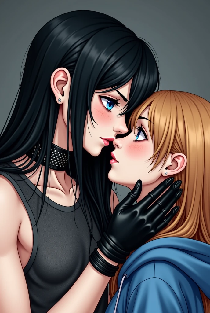 Tipless Lesbian kissing in tight black jeans