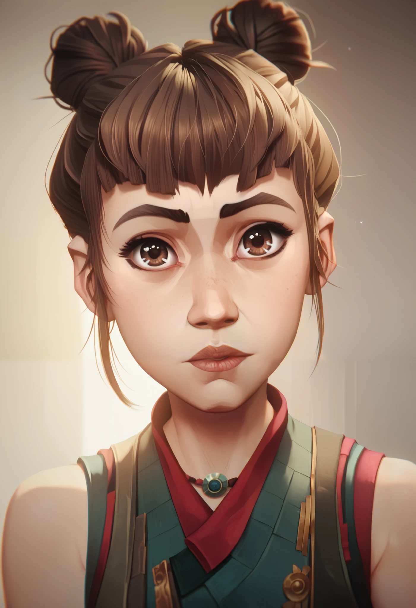 PowderAltOutfit1, beautiful face, detailed face, big eyes, bangs, brown hair, brown eyes, freckles, bare shoulders, hair buns, short hair,