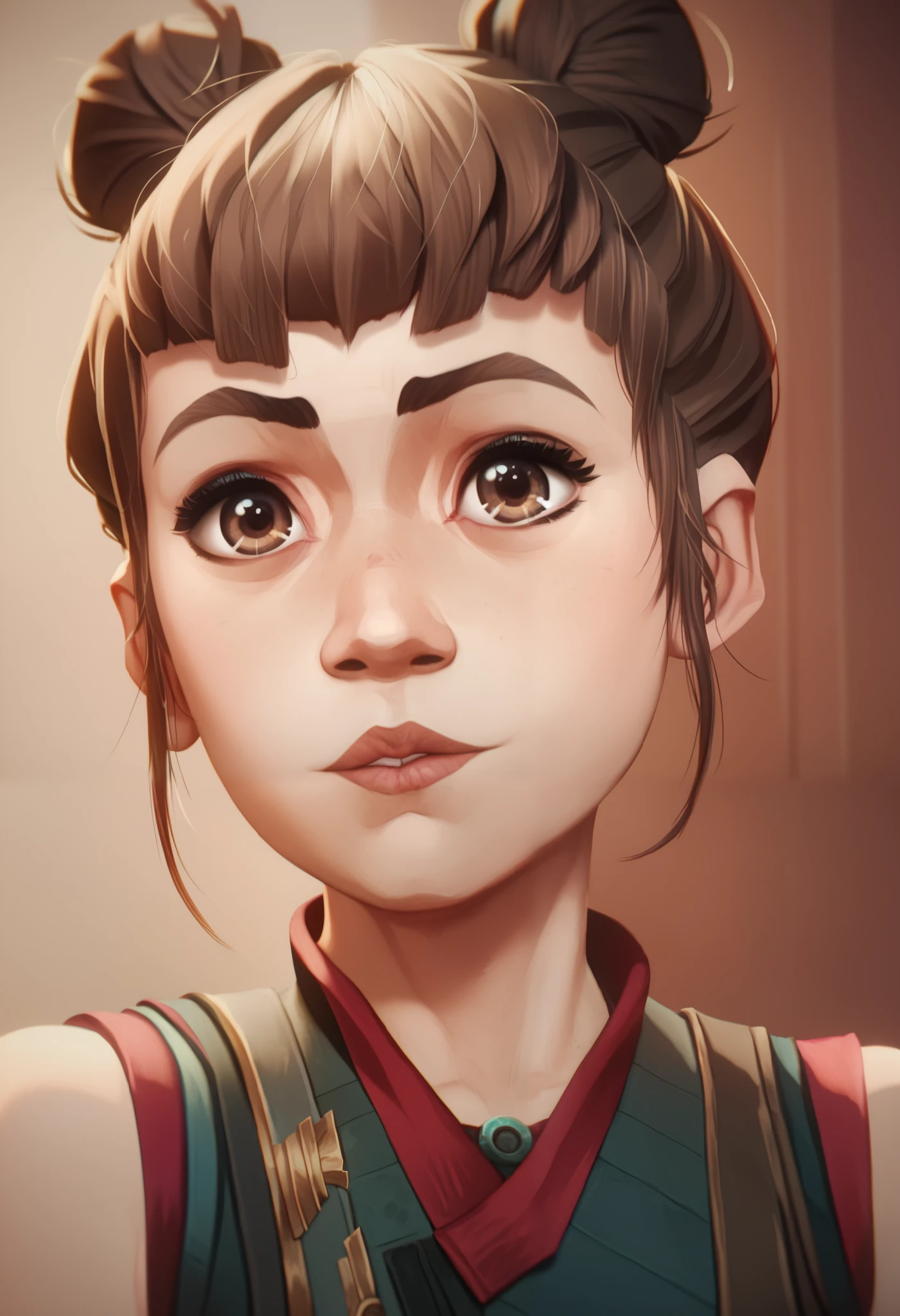 PowderAltOutfit1, beautiful face, detailed face, big eyes, bangs, brown hair, brown eyes, freckles, bare shoulders, hair buns, short hair,

