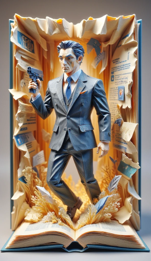 (best quality, 128k,highres,masterpiece:1.2),ultra-detailed,(realistic,photorealistic,photo-realistic:1.37), ((masterpiece)) ((photography)) ((Highest quality))  A hyper-realistic sculpture of ((a man in a suit, entirely crafted from folded and shaped pages of a book)), dynamically jumping out of an open book. The figure holds a weapon and strikes a pose reminiscent of James Bond, exuding a sense of action and determination. Torn and flowing pages emphasize the motion, creating a dramatic and surreal atmosphere. The sculpture features intricate details of the book's text and typography, seamlessly blending literature with art, while maintaining a striking and sophisticated aesthetic.