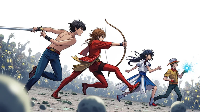 A dynamic anime-style illustration of a group of four adventurers battling a horde of zombies. The scene is set against a plain white background, emphasizing the characters and action. The perspective is from the side, showcasing a lateral view of the battle. The adventurers include a brave swordsman, a skilled archer, a magic-wielding mage, and a resilient healer, each showcasing distinct outfits and weapons. The zombies are drawn in a menacing but stylized way, with decayed appearances and glowing eyes. The composition highlights intense movement and action with bold poses and expressions, capturing the high-energy battle in vibrant anime aesthetics