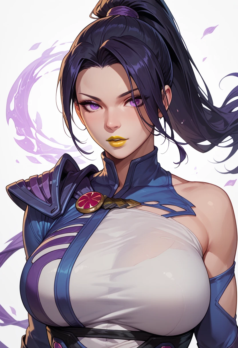 a beautiful detailed close up portrait of a woman with purple hair and a purple jacket, chun-li character from street fighter, badass anime style, extremely detailed by artegerm, unreal engine 3D, video game character, katana zero, chun-li, photorealistic, vivid colors, dramatic lighting, hyper detailed, masterpiece