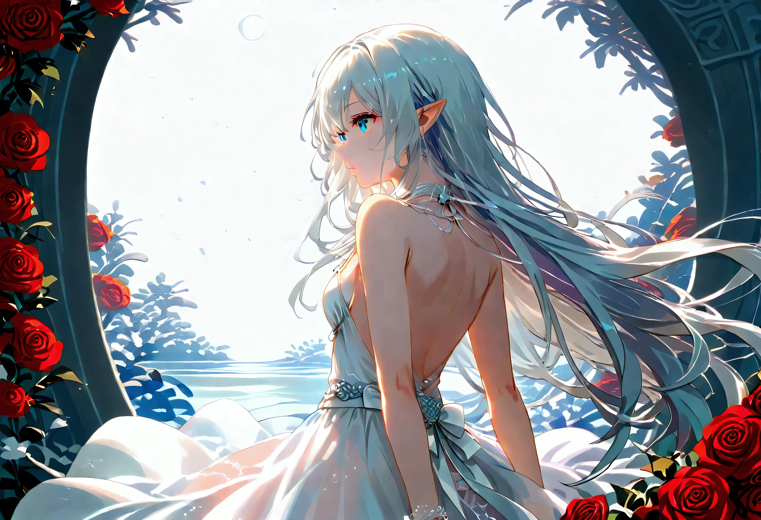 score_9, score_8_up, score_7_up, score_6_up, score_5_up, score_4_up, (black and white art: 1.5) mostly black and white, a picture of a beautiful vampire, long hair hair, blue eyes, wearing white silk dress with (red roses on the dress: 1.3), backless dress, small cleavage, it is night, the moon in the sky, picture taken from the rear, (only colors are the red roses), Cinematic Shot