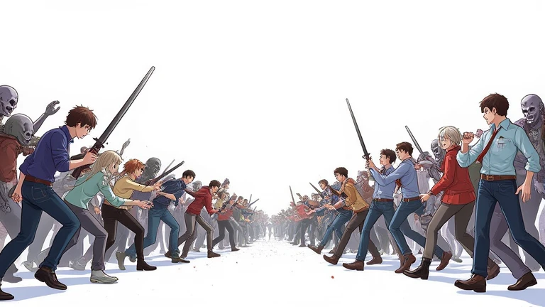 An anime-style illustration of a group of adventurers battling a horde of zombies. The scene is drawn with a side perspective on a plain white background, focusing on the dynamic action and movement. The adventurers and zombies are depicted with clear, expressive poses, emphasizing the intense combat in vibrant anime aesthetics