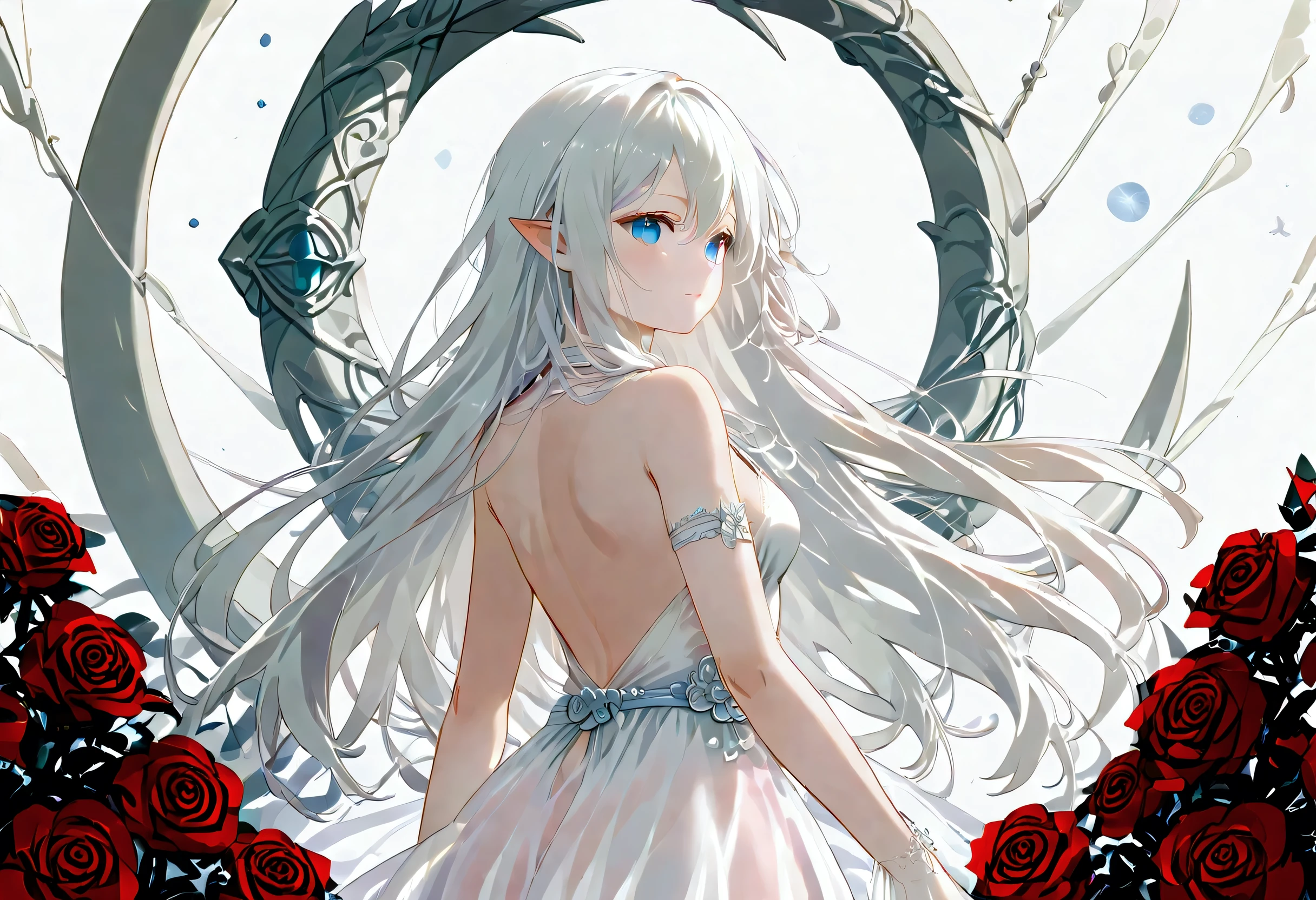 score_9, score_8_up, score_7_up, score_6_up, score_5_up, score_4_up, (black and white art: 1.5) mostly black and white, a picture of a beautiful vampire, long hair hair, blue eyes, wearing white silk dress with (red roses on the dress: 1.3), backless dress, small cleavage, it is night, the moon in the sky, picture taken from the rear, (only colors are the red roses), Cinematic Shot