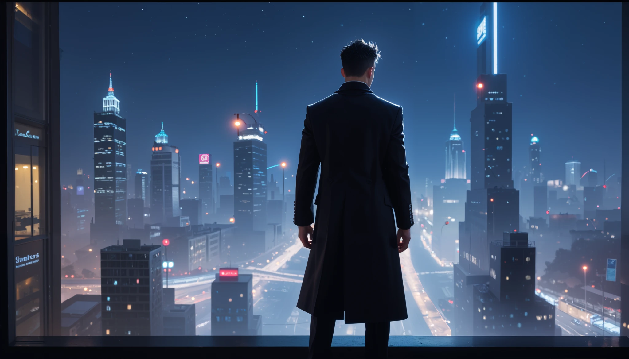 A hyper-realistic side-angle view of a man standing on the edge of a tall skyscraper, overlooking a sprawling cityscape at night. The man is dressed in a sleek black coat with a high collar and tailored black pants, exuding a sophisticated and enigmatic aura. His medium-length hair is slicked back perfectly, catching subtle highlights from the city lights. The city below glimmers with a mix of vibrant neon signs, glowing windows, and the soft hum of streetlights, creating a layered depth. The sky is a deep indigo, dotted with faint stars, and a slight haze adds atmosphere to the scene. The picture is taken from the right side of the character, emphasizing his poised stance and commanding presence. Cinematic lighting highlights his silhouette, with a soft key light illuminating his coat's texture and hair, while the rim lighting enhances the edges of his figure. The framing is wide yet intimate, capturing the vast city view while focusing on the hero's contemplative posture, evoking a sense of mystery and purpose.