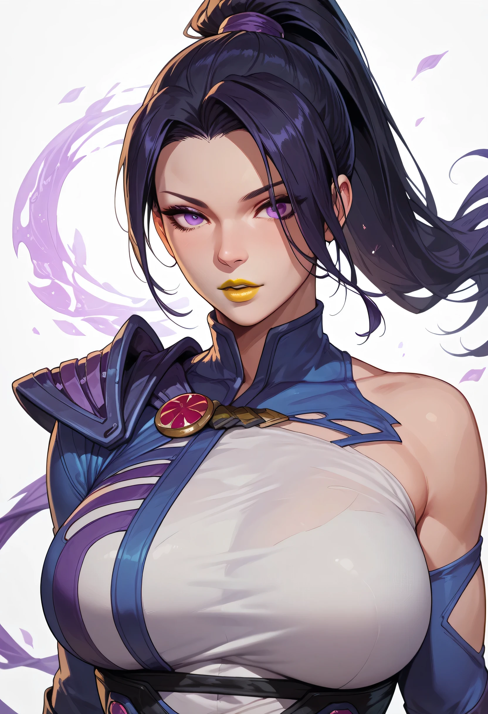 woman, white skin, purple eyes, ponytail, Psylocke, anime style, yellow lipstick, big breasts, black hair