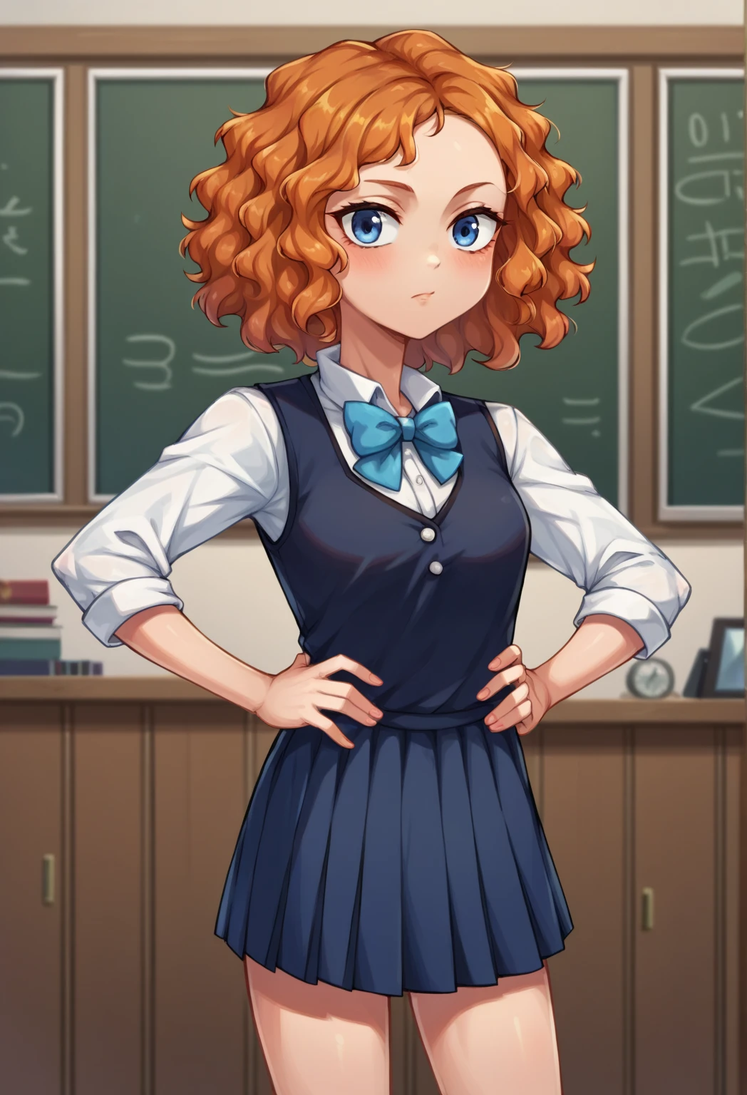 score_9,score_8_up,score_7_up BREAK melissaSDXL,1girl,blue eyes,short hair,orange hair,,curly hair,cowboy shot,room,room background,,hands on hips, dark blue school uniform, bow tie