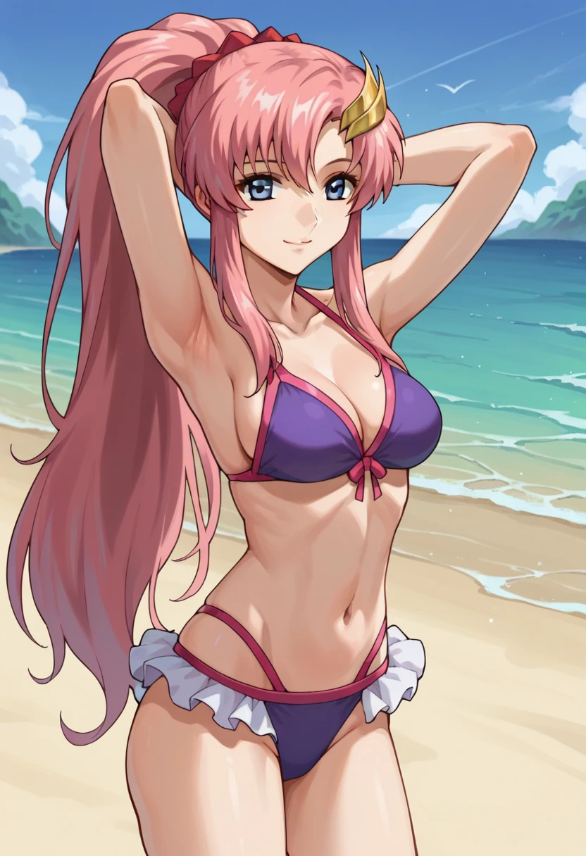 score_9,score_8_up,score_7_up,score_6_up,score_5_up,score_4_up,anime coloring,source_anime,anime,lacusmeer,1girl,solo,blue eyes,pink hair,long hair,ponytail,sidelocks,moon hair ornament,two-tone bikini,arms behind head,smile,standing,beach,