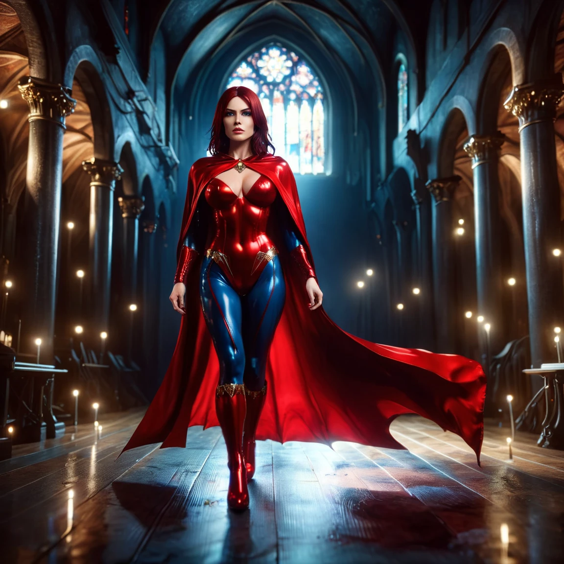 full body image, beautiful woman with dark red hair and blue eyes with Monica Belluci face, big tits, muscled body, of big and toned legs, toned abdomen, dressed in a short and super tight red satin suit, red cape. It is located in a mystical church with symbols of the sactum santorum. 8K 3D, 8k resolution, Rendered in Cinema4D, HDR, CryEngine, Bokeh