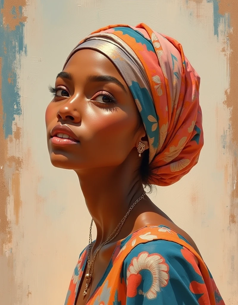 An exotic beauty of north african woman, tanned skin, donning pastel color  hijab inspired by african Earth color, an oil on canvas painting with a brust stroke of Don Lawrence