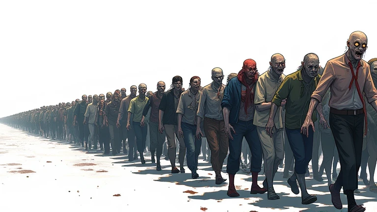 anime style, a crowd of zombies ((they are walking to the left side)), high detailed, without anomalies, ((side view)), white background