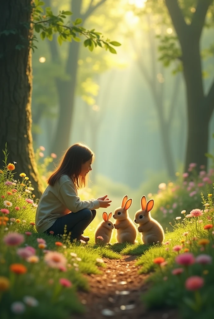 in forest of flowers kneeling down playing with baby bunnies - SeaArt AI