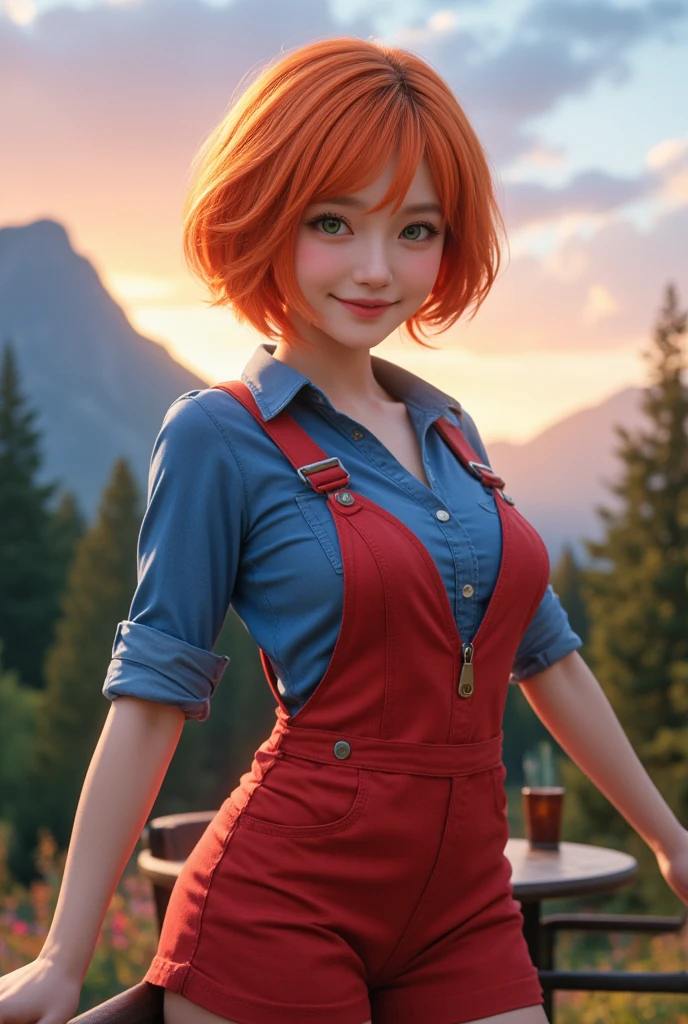 1 girl, sxfrances, short hair, orange hair, green eyes, parts, smile, Red Overalls, blue shirt, remangarse, mountain, officer, (Evening:1.5), Looking at the spectator no bra