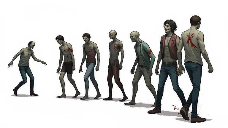 anime style, a group of some zombies not more than 15 zombies ((they are walking to the left side)), high detailed, without anomalies, ((side view)), white background