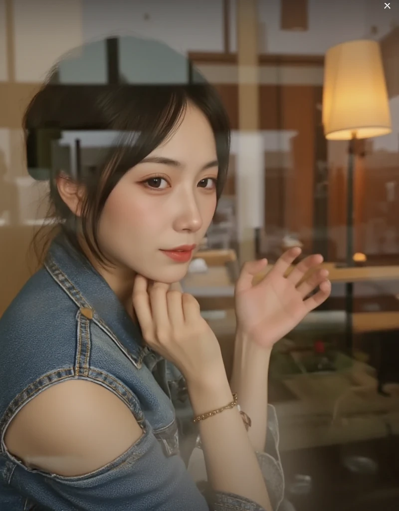  close-up portrait of a 24-year-old Asian woman  (close-up portrait of a 24 year old asian woman who is very skinny but has big boobs  , gorgeous actress-like woman)  I'm sitting by the window of a cafe with a 70s style interior in New York and facing the window.  she says  (Wearing a cut denim jacket on bare skin  :1.4) 、Highlights the chest .  she says 白い肌で自然な(( without makeup :1.4)),  pores and skin texture are clearly visible 、In focus., Dirty black hair,  shiny, Fresh, almond shaped face, looking out at the city through a glass window.  Retro-style lighting and the woman's silhouette are reflected in the glass , the evening skyline of new york city is blurred in the distance.