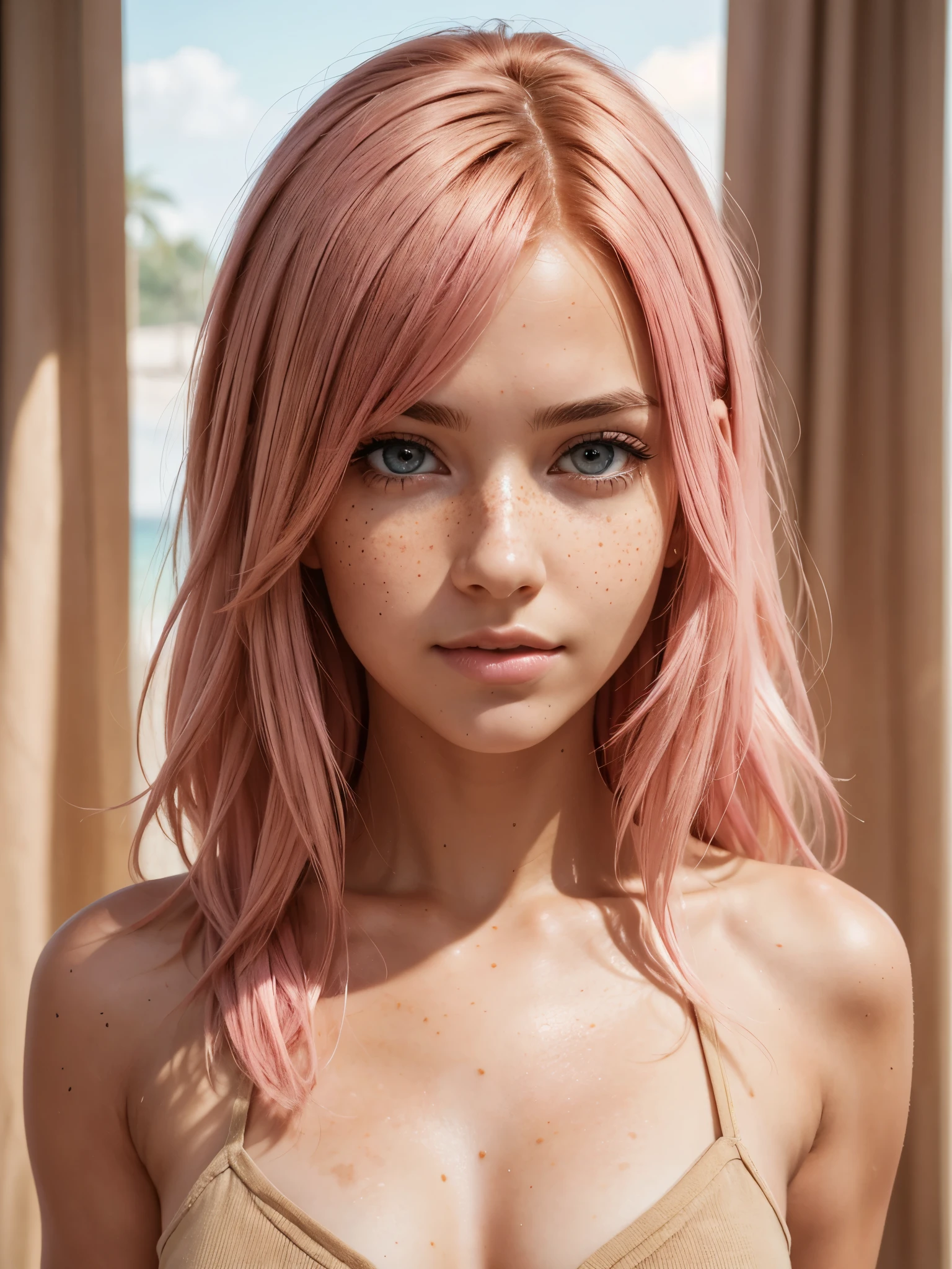 (best quality), 1girl, female, sun kissed skin, pink hair, medium hair, curtained hair, brown eyes, perfect eyes, freckles, fully clothed, masterpiece, anatomically correct, highres