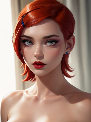 (Realisttic:1.2), og photo style,(cute woman with short black-red multicolored hair and red eyes, surrounded by a gloomy antique setting), (she bowing her head and listens to whispers coming from nowhere), (her full body with uncovered tummy is a visual pleasure), extremely sexyloomy dark atmosphere, play of light in the sun rays, there's a drawing of a red dragon on the wall behind, faded colours, great quality, Masterpiece, intricate fantasy background, natiral cinematic light, 16k quality, HDR, RAW photo