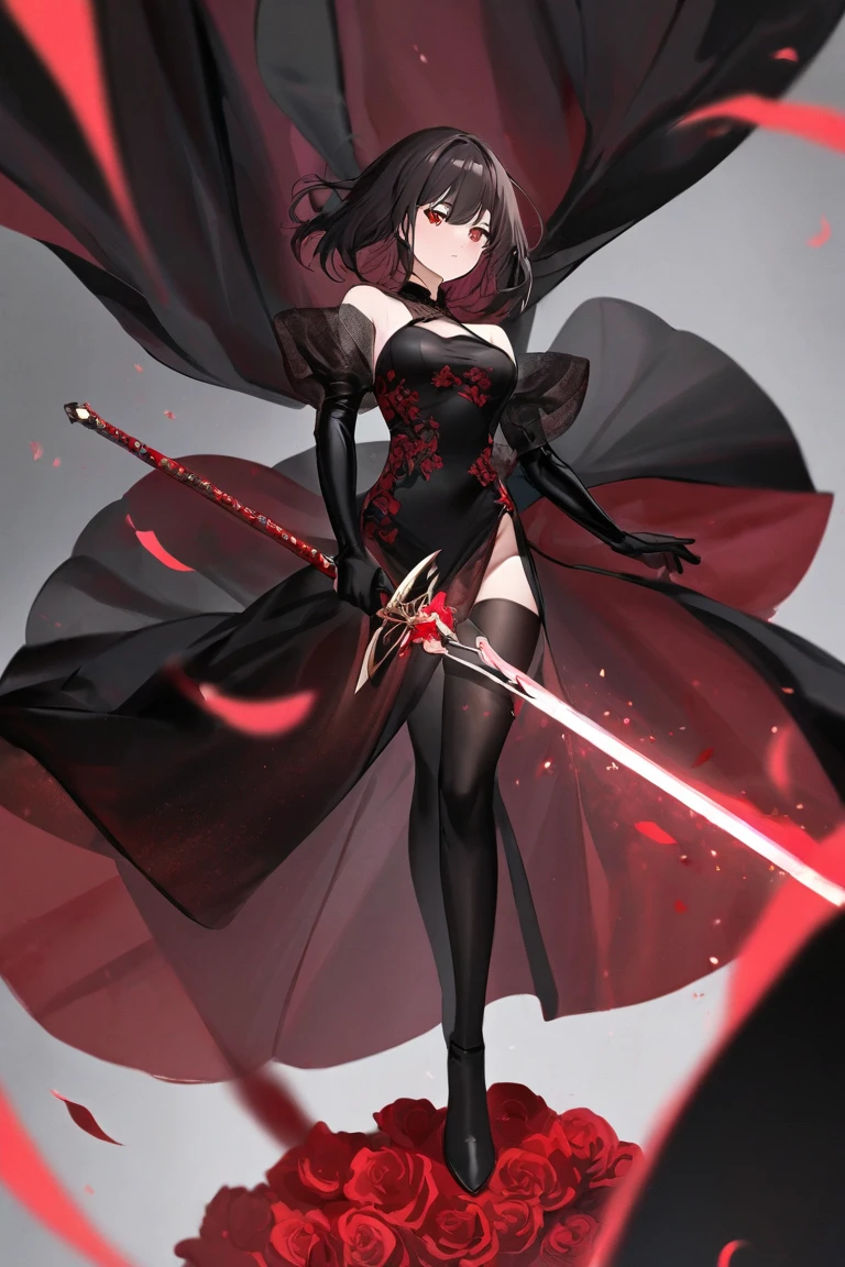 Woman with crimson red eyes , short brown black hair floating , tight black leotard dress with transparent black and dark red organza fabric, dark and cunning look , European foil sword , Full bodyo flo