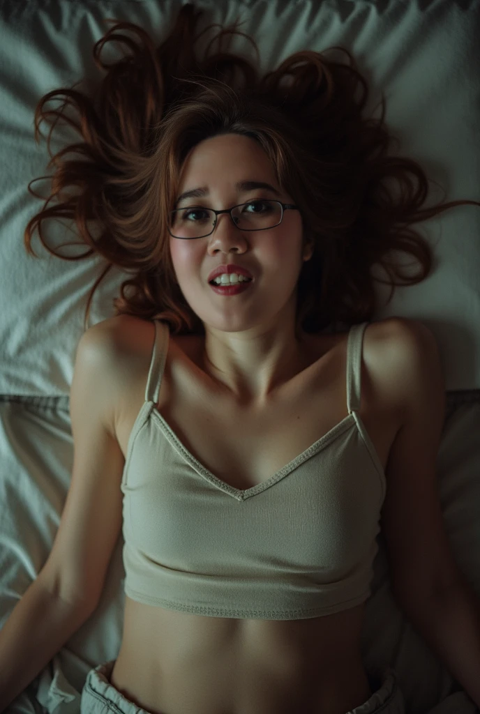 60 year old brunette white woman, Scottish Irish, laying on a bed with her head on a pillow, overweight fat, extremely pale white skin, blue eyes, camera man having a above view of her face, looking at the camera with a orgasmic look, orange choker, orange night gown lingerie , orange glasses, eyes crossed, mouth slightly opened, legs up, showing vagina
