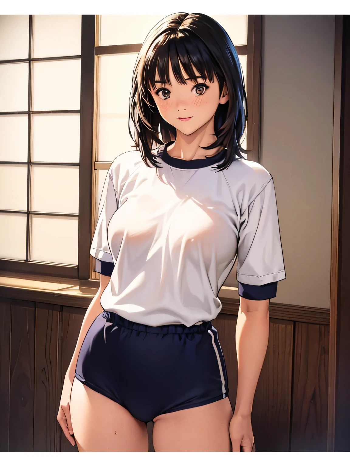 Two high school students、 realistic istic beautiful female student、18 years old、 amazingly beautiful 、smile、 beautiful body 、( top quality 、8k、32K、masterpiece、:1.3)、 super high res,( realistic :1.4), RAW photo,  detailed face ,, beautiful hair,, , very short hair  、 very short hair 、 amazingly beautiful double eyelids、  natural cosmetics,, big perfect breasts,  wet hair、 detailed background,  perfect lighting,  The depth of the border written,   Beautiful Shadow Gradients  、 thin limbs、 thin thighs 、(whole body)、(Bloomers, Bloomersー(Old Japanese gym attire))、Beautiful slim perfect body、Beautiful tall nose、Side View、 middle of chest、Wet with sweat、(  Yoshizuki Iori)、bedroom、blush